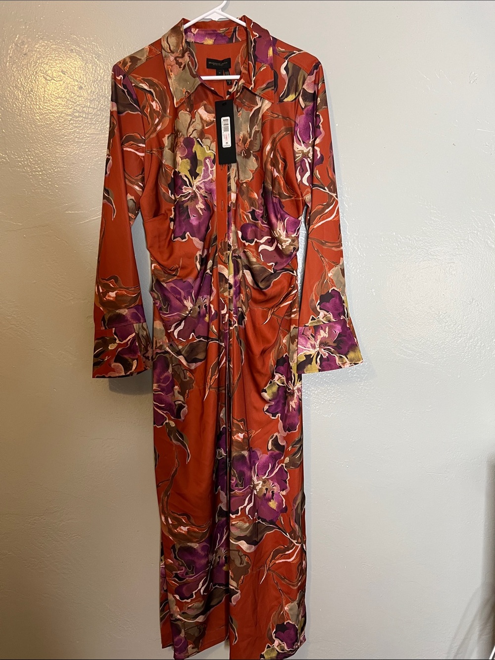 Donna Karan Midi Dress  Floral Print Long Sleeve Shirt Dress - Rust & Purple NWT - Picture 2 of 6